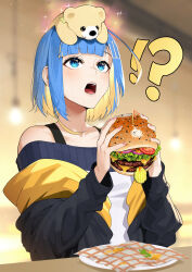 Rule 34 | !?, 1girl, bare shoulders, blonde hair, blue eyes, blue hair, blunt bangs, blurry, blurry background, borrowed character, burger, collarbone, colored inner hair, commentary, depth of field, english commentary, food, hair ornament, hairclip, highres, holding, holding food, jacket, long sleeves, multicolored hair, nail polish, object on head, off shoulder, open clothes, open jacket, open mouth, original, pink nails, plate, sasoura, short hair, solo, sparkle, spilling, stuffed animal, stuffed toy, teddy bear, two-tone hair, upper body