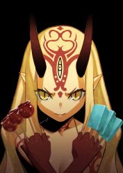 Rule 34 | &gt;:), 1girl, absurdres, akisa yositake, bare shoulders, between fingers, black background, blonde hair, breasts, candy apple, cleavage, closed mouth, eyes visible through hair, facial mark, fate/grand order, fate (series), fighting stance, food, forehead, forehead mark, highres, holding, holding food, horns, huge filesize, ibaraki douji (fate), long hair, looking at viewer, oni horns, pointy ears, popsicle, sidelocks, simple background, slit pupils, smile, solo, tattoo, upper body, v-shaped eyebrows, x arms, yellow eyes