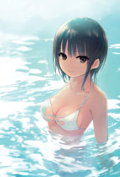 Rule 34 | 1girl, aoyama sumika, bikini, black eyes, black hair, breasts, cleavage, coffee-kizoku, day, halterneck, highres, looking at viewer, medium breasts, non-web source, original, outdoors, partially submerged, resized, short hair, smile, solo, strap gap, swimsuit, upscaled, waifu2x, water