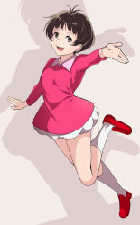 Rule 34 | 1girl, :d, black hair, brown background, brown eyes, collared dress, commentary request, creek (moon-sky), dress, drooling, full body, isono wakame, loafers, long sleeves, looking at viewer, open mouth, outstretched arm, pink dress, red footwear, sazae-san, shoes, smile, socks, solo, white socks