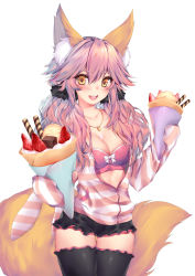 Rule 34 | 10s, 1girl, animal ears, black skirt, black thighhighs, blush, bra, breasts, chocolate, cleavage, collarbone, cowboy shot, crepe, day, fate/extra, fate/extra ccc, fate (series), food, fox ears, fox tail, frills, fruit, hair between eyes, hair flaps, highres, ice cream, jacket, jewelry, large breasts, long hair, long sleeves, looking at viewer, necklace, obiwan, official alternate costume, open clothes, open jacket, open mouth, orange eyes, outdoors, pink hair, pink jacket, short shorts, shorts, simple background, skirt, solo, strawberry, striped clothes, striped jacket, tail, tamamo no mae (fate/extra), tamamo no mae (spring casual) (fate), thighhighs, thighs, underwear, wafer stick, white background, white bra