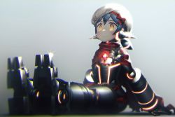 Rule 34 | 1girl, blue hair, blurry, blurry foreground, blush, cape, closed mouth, commentary, depth of field, glint, grey background, hair ribbon, harau, hat, highres, legs together, looking at viewer, nintendo, orange eyes, poppi (xenoblade), poppi alpha (xenoblade), red cape, red ribbon, ribbon, robot, robot ears, short hair, simple background, sitting, smile, solo, xenoblade chronicles (series), xenoblade chronicles 2