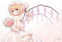 Rule 34 | 1girl, alternate costume, backless outfit, bare shoulders, blonde hair, blush, bouquet, bow, commentary request, cowboy shot, crystal, dated, dress, earrings, elbow gloves, flandre scarlet, flower, from behind, gloves, hair between eyes, haruki (colorful macaron), hat, highres, jewelry, looking at viewer, looking back, mob cap, one side up, petals, red eyes, rose, rose petals, signature, simple background, solo, strapless, touhou, veil, wedding dress, white bow, white dress, white hat, wings