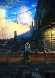 Rule 34 | 1girl, ^ ^, absurdres, ahoge, arm support, bare shoulders, bird, black hair, boots, cable, city, cityscape, closed eyes, cloud, closed eyes, flask, gloves, hair ornament, hairclip, highres, crossed legs, long hair, original, pants, industrial pipe, sitting, sky, smile, solo, steam, stream, tattoo, tokiki (tomok1), wrench
