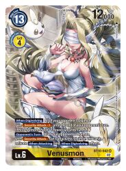 Rule 34 | 1girl, 2others, armored boots, bare shoulders, bird, blindfold, blonde hair, boots, breasts, card (medium), choker, cleavage, commentary, creature, cupimon, digimon, digimon (creature), digimon card game, dove, dress, drill hair, english commentary, english text, floating, floating hair, full body, hand up, highres, holding, hotan (digimon), jewelry, large breasts, long hair, multiple others, necklace, o-ring, o-ring bottom, official art, olive (digimon), panties, parted bangs, parted lips, puttimon, scallop, second-party source, sidelocks, smile, solo focus, strapless, strapless dress, thighs, tonami kanji, underwear, vambraces, venusmon, very long hair, white dress, white panties, wing ears