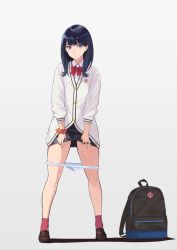 Rule 34 | 1girl, backpack, bag, black hair, black skirt, blouse, blue eyes, bow, bowtie, breasts, brown footwear, buttons, cardigan, clothes lift, collared shirt, commentary, dot nose, female focus, full body, grey background, gridman universe, legs apart, lifted by self, loafers, looking at viewer, medium hair, miniskirt, panties, panty pull, parted lips, red bow, red bowtie, red socks, shadow, shirt, shoes, simple background, skirt, skirt lift, small breasts, socks, solo, ssss.gridman, standing, takarada rikka, thighs, underwear, white cardigan, white panties, white shirt, wing collar, yuzuriha (active homing)