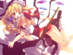Rule 34 | 2girls, :d, ass, blonde hair, bloomers, bow, braid, closed eyes, dress, fang, female focus, flandre scarlet, glomp, hair bow, hat, hug, kirisame marisa, mary janes, multiple girls, no panties, open mouth, ponytail, shima chiyo, shoes, short hair, side ponytail, smile, socks, touhou, underwear, wings, witch, witch hat, yellow eyes