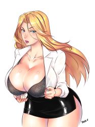 Rule 34 | 1girl, black bra, blonde hair, blue eyes, bra, breasts, cleavage, curvy, devil-v, female focus, guin (devil-v), highres, huge breasts, impossible clothes, lipstick, long hair, looking at viewer, makeup, microskirt, minidress, miniskirt, nail polish, pencil skirt, revealing clothes, skirt, solo, thick thighs, thighs, underwear, wide hips