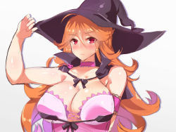 Rule 34 | 1girl, bad id, bad pixiv id, bare shoulders, blush, breasts, brown hair, choker, cleavage, female focus, frown, gradient background, hat, highres, huge breasts, large breasts, long hair, looking at viewer, pink background, poko chin, red eyes, solo, upper body, white background, witch hat
