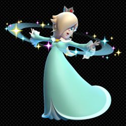 Rule 34 | 1girl, 3d, absurdres, aqua dress, aqua eyes, blonde hair, crown, dress, earrings, hair over one eye, highres, jewelry, mario (series), nintendo, official art, outstretched arms, pendant, rosalina, smile, solo, sparkle, spread arms, super mario 3d world, super mario galaxy