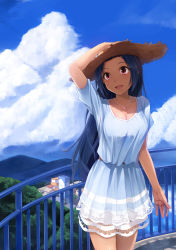 Rule 34 | 1girl, :d, absurdres, belt, blue hair, blush, breasts, building, cleavage, cloud, day, dress, hand on headwear, hat, highres, idolmaster, idolmaster (classic), jewelry, long hair, medium breasts, miura azusa, mountain, necklace, open mouth, outdoors, pink eyes, red eyes, shadow, skirt, sky, smile, solo, straw hat, sun hat, sundress, white skirt, yuki usagi (mofurafu)