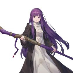 1girl blunt_bangs dress expressionless fern_(sousou_no_frieren) holding holding_staff long_dress long_hair long_sidelocks official_art open_clothes open_robe purple_eyes purple_hair ragnador robe sidelocks simple_background sousou_no_frieren staff third-party_source transparent_background