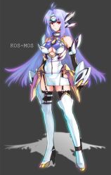 Rule 34 | 00s, 1girl, ahoge, arms at sides, aura, bare shoulders, black background, black gloves, blue hair, boots, breasts, character name, dress, elbow gloves, expressionless, full body, garter straps, gloves, high heel boots, high heels, highres, hip focus, kos-mos, kos-mos ver. 4, large breasts, long hair, narrow waist, red eyes, shadow, short dress, side slit, simple background, solo, tetsu (kimuchi), thigh boots, thighhighs, thighs, underboob, very long hair, visor, white dress, white footwear, xenosaga, xenosaga episode iii