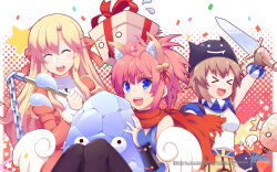 &gt;_&lt; 3girls :d angel_wings animal_ears bell blonde_hair bloodshot_eyes blue_eyes blue_shirt blush bow box breasts brown_hair chibi_(nekomimimi) confetti copyright_notice crystal_(ragnarok_online) deviruchi deviruchi_hat dress extra_ears fang folded_ponytail fox_ears foxglove gift gift_box guest_art hair_bell hair_bow hair_ornament hair_ribbon half_up_braid halftone halftone_background hat high_priest_(ragnarok_online) highres holding holding_flail holding_sword holding_weapon jingle_bell juliet_sleeves logo long_hair long_sleeves looking_at_viewer medium_breasts multiple_girls myst_case ninja_(ragnarok_online) official_art official_wallpaper open_mouth pink_hair puffy_sleeves ragnarok_online red_bow red_dress red_ribbon red_scarf ribbon scarf shirt short_hair skin_fang sleeveless sleeveless_shirt smile super_novice_(ragnarok_online) sword teeth turtleneck turtleneck_shirt two-tone_dress two-tone_shirt upper_body upper_teeth_only vambraces weapon white_dress white_shirt wings xd