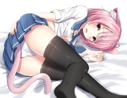 Rule 34 | 1girl, animal ears, ass, bed sheet, black thighhighs, blue necktie, blush, bob cut, cat ears, cat girl, cat tail, commentary, covering privates, covering ass, d:, embarrassed, eyebrows, hair between eyes, holding, holding clothes, holding skirt, legs, looking at viewer, lying, necktie, no shoes, on side, open mouth, original, panties, pantyshot, pink eyes, pink hair, pleated skirt, school uniform, serafuku, short hair, skirt, solo, superpig, superpig (wlstjqdla), tail, thighhighs, thighs, unbuttoned, unbuttoned shirt, underwear, uniform, white panties
