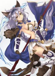 Rule 34 | 10s, 1girl, animal ears, armor, armored boots, ass, belt, bikini armor, boots, cape, elbow gloves, erune, gloves, granblue fantasy, heles, highres, impossible clothes, light purple hair, polearm, riffey, solo, standing, standing on one leg, vambraces, weapon, yellow eyes