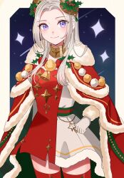 Rule 34 | 1girl, blush, cape, christmas, closed mouth, dress, edelgard von hresvelg, edelgard von hresvelg (snowfall future), fake horns, fire emblem, fire emblem: three houses, fire emblem heroes, forehead, fur-trimmed cape, fur-trimmed dress, fur trim, gloves, gmais2514, green cape, hair ornament, highres, horns, long hair, looking at viewer, mistletoe hair ornament, mixed-language commentary, nintendo, official alternate costume, purple eyes, red cape, red dress, red thighhighs, smile, solo, thighhighs, two-tone cape, two-tone dress, white dress, white gloves, white hair