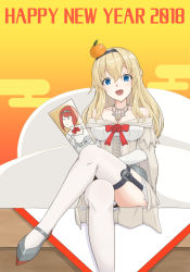 Rule 34 | 1girl, 2018, ark royal (kancolle), blonde hair, blue eyes, braid, crossed legs, dress, flower, food, food on head, french braid, fruit, garter straps, hagoita, highres, jewelry, kantai collection, kodama (user rnfr3534), long hair, long sleeves, looking at viewer, mandarin orange, necklace, new year, object on head, off-shoulder dress, off shoulder, open mouth, paddle, red flower, red ribbon, red rose, ribbon, rose, sitting, smile, solo, thighhighs, warspite (kancolle), white dress, white thighhighs