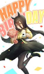 Rule 34 | 1girl, a4 (a4 eishi), absurdres, ahoge, animal ears, belt, black footwear, black hair, black skirt, blush, boots, bouquet, closed mouth, confetti, cup, flower, frilled shirt collar, frills, hair between eyes, happy birthday, high heel boots, high heels, highres, holding, holding cup, horse ears, horse girl, horse tail, long hair, long sleeves, looking at viewer, manhattan cafe (umamusume), multicolored hair, pantyhose, shirt, shirt tucked in, skirt, smile, solo, standing, steam, streaked hair, tail, umamusume, white background, yellow eyes, yellow shirt