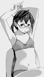 Rule 34 | 1girl, arms up, banned artist, bra, breasts, chair, glasses, hair ornament, hairclip, kantai collection, looking at viewer, makio (makiomeigenbot), monochrome, multicolored hair, okinami (kancolle), panties, polka dot, polka dot bra, polka dot panties, short hair, sitting, small breasts, solo, underwear, underwear only