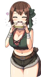 Rule 34 | 1girl, blush, breasts, brown hair, cleavage, closed eyes, collarbone, crop top, eating, food, green headband, headband, heart, highres, holding, holding food, large breasts, maruput, midriff, navel, open mouth, original, sandwich, short hair, short shorts, shorts, solo, thighs