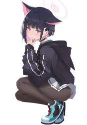 Rule 34 | 1girl, absurdres, animal ears, ass, black hair, blue archive, brown jacket, brown pantyhose, colored inner hair, full body, green footwear, hair ornament, hairclip, halo, highres, hood, hooded jacket, jacket, kazusa (blue archive), looking at viewer, mouth hold, multicolored hair, panties, panties under pantyhose, pantyhose, pink hair, red eyes, shoes, short hair, simple background, skirt, sneakers, solo, squatting, two-tone hair, underwear, white panties, white skirt, xochi (nueeen6978)