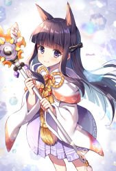 Rule 34 | 1girl, animal ear fluff, animal ears, black bow, black hair, blunt bangs, bow, closed mouth, commentary request, extra ears, floating hair, hair bow, holding, holding staff, kasumi (princess connect!), long hair, long sleeves, looking at viewer, mauve, pleated skirt, princess connect!, purple eyes, purple skirt, skirt, smile, solo, staff, standing, very long hair, wide sleeves