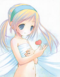 1girl absurdres bed_sheet blonde_hair green_eyes headband heart highres loli naked_sheet navel nude pop simple_background