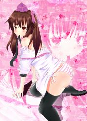 Rule 34 | 1girl, ass, bad id, bad pixiv id, bare shoulders, black thighhighs, blouse, blush, brown hair, clothes pull, dress shirt, female focus, hair ribbon, hat, himekaidou hatate, kneeling, mouth hold, no pants, off shoulder, open clothes, open shirt, panties, pink panties, red eyes, ribbon, second heaven, shirt, shirt pull, side-tie panties, solo, striped clothes, striped panties, thighhighs, tokin hat, touhou, twintails, underwear, zoom layer