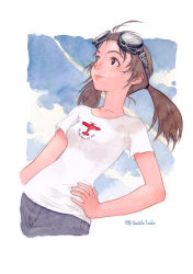 Rule 34 | 1girl, brown hair, collarbone, dutch angle, face, goggles, goggles on head, hand on own hip, hip focus, lips, painting (medium), shirt, signature, smile, solo, t-shirt, tanaka kunihiko, traditional media, twintails, watercolor (medium)