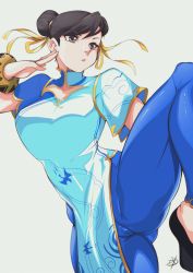 Rule 34 | 1girl, absurdres, artist name, blue pants, bow, bowtie, bracelet, breasts, brown eyes, brown hair, camel, capcom, china dress, chinese clothes, chun-li, commentary, delux drawings, double bun, dress, earrings, fighting stance, gold trim, hair bun, highres, jewelry, leg up, lips, looking away, medium breasts, pants, parted lips, shiny clothes, short sleeves, signature, simple background, skin tight, street fighter, street fighter 6, turtleneck