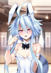 Rule 34 | 1girl, animal ears, bare shoulders, blanc (neptunia), blue hair, blush, bow, bowtie, breasts, covered navel, detached collar, hair between eyes, highres, leotard, looking at viewer, navel, neptune (series), nyamota, open mouth, playboy bunny, rabbit ears, red eyes, short hair with long locks, small breasts, solo, symbol-shaped pupils, tray, white heart (neptunia), wrist cuffs
