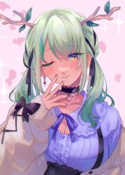 Rule 34 | 1girl, antlers, blouse, breasts, cardigan, ceres fauna, ceres fauna (jirai kei), choker, cleavage, cleavage cutout, clothing cutout, commentary, earrings, english commentary, green hair, hair ribbon, highres, hololive, hololive english, horns, jewelry, kokomi (aniesuakkaman), large breasts, leaf, looking at viewer, low twintails, mole, mole under eye, off shoulder, one eye closed, parted lips, pink background, ribbon, shirt, smile, solo, twintails, upper body, virtual youtuber, yellow eyes