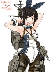 Rule 34 | 10s, 1girl, 2017, alternate costume, animal ears, armpits, arms up, artist name, backpack, bag, black hair, bow, bowtie, cannon, character name, cowboy shot, dated, detached collar, fake animal ears, fubuki (kancolle), green eyes, kantai collection, leotard, looking at viewer, low ponytail, machinery, open mouth, pantyhose, playboy bunny, simple background, solo, tatsumi ray, thigh strap, torpedo, twitter username, white background, wrist cuffs