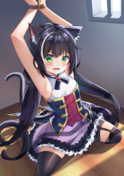Rule 34 | 1girl, absurdres, animal ear fluff, animal ears, armpits, arms up, bare arms, bare shoulders, bars, black hair, black thighhighs, blush, breasts, cat ears, cat girl, cat tail, commentary, fang, frilled skirt, frills, garter straps, green eyes, hair between eyes, highres, ikazu401, indoors, karyl (princess connect!), long hair, looking at viewer, low twintails, multicolored hair, on floor, open mouth, princess connect!, purple skirt, restrained, rope, shirt, skirt, sleeveless, sleeveless shirt, small breasts, solo, streaked hair, tail, tail raised, thighhighs, twintails, v-shaped eyebrows, very long hair, wavy mouth, white hair, white shirt, wooden floor