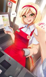 Rule 34 | 1boy, 1girl, 2019, :d, apron, arm hair, bad id, bad pixiv id, barcode scanner, blonde hair, blush, breasts, cash register, cashier, character name, collared shirt, commentary, drooling, earrings, english commentary, english text, flying sweatdrops, green eyes, hairband, hand on another&#039;s shoulder, highres, holding scanner, imminent rape, indoors, jewelry, merunyaa, name tag, open mouth, original, pov, pov hands, receipt, red apron, red hairband, saliva, sammy (bestsammy), scanner, shirt, shop, short hair, short sleeves, shoulder grab, signature, smile, solo focus, white shirt, wing collar