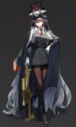 Rule 34 | 1girl, absurdly long hair, absurdres, aiguillette, black background, black cape, black footwear, black hat, black jacket, black necktie, black pantyhose, boots, cape, closed mouth, commentary, english commentary, full body, gloves, grey eyes, gun, hand on own hip, hat, high heel boots, high heels, highres, holding, holding gun, holding weapon, horns, jacket, knee boots, long hair, long sleeves, looking at viewer, mac star, military, military hat, military vehicle, necktie, pantyhose, rifle, solo, very long hair, weapon, white gloves, white hair