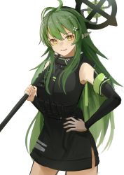Rule 34 | 1girl, antenna hair, arknights, azuazu 0405, black dress, black sleeves, cowboy shot, d-pad, d-pad hair ornament, detached sleeves, dress, gavial (arknights), green hair, grin, hair ornament, hand on own hip, highres, holding, holding staff, long hair, long sleeves, pointy ears, simple background, sleeveless, sleeveless dress, smile, solo, staff, very long hair, white background, yellow eyes