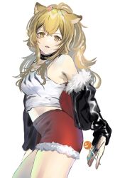 Rule 34 | 1girl, animal ears, arknights, black choker, black jacket, blonde hair, brown hair, candy, choker, commentary, cowboy shot, food, from side, fur-trimmed jacket, fur trim, gawako, highres, holding, holding candy, holding food, holding lollipop, jacket, lion, lion ears, lollipop, long hair, looking at viewer, looking to the side, midriff, off shoulder, open clothes, open jacket, open mouth, red shorts, short shorts, shorts, siege (arknights), solo, standing, tank top, underwear, weapon, white tank top
