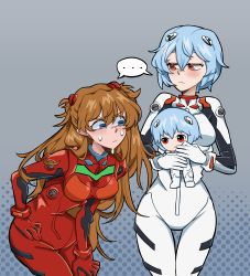 Rule 34 | ..., 2girls, absurdres, ayanami rei, blue eyes, blue hair, bodysuit, brown hair, character doll, highres, jackburger  , long hair, looking at another, multiple girls, neon genesis evangelion, plugsuit, red eyes, rei chikita, shiny clothes, short hair, simple background, souryuu asuka langley, sweat, two side up, very long hair, wide hips