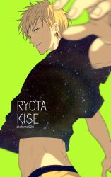 Rule 34 | 1boy, black shirt, blonde hair, blurry, casual, character name, commentary request, depth of field, earrings, from side, green background, jewelry, kise ryouta, kuroko no basuke, looking at viewer, male focus, mashima shima, midriff, parted lips, reaching, reaching towards viewer, shirt, short hair, simple background, smile, solo, starry sky print, toned, toned male, twitter username, upper body, yellow eyes
