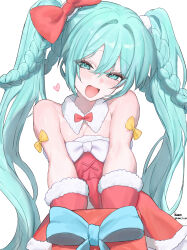 1girl aqua_eyes aqua_hair bare_shoulders blush bow box commentary dated detached_collar dress fur-trimmed_dress fur_collar fur_trim gift gift_box hair_bow hatsune_miku head_tilt heart highres holding holding_box holding_gift incoming_gift kanimiso_uni long_hair looking_at_viewer mittens open_mouth red_bow red_dress red_mittens simple_background smile solo strapless strapless_dress twintails upper_body vocaloid white_background