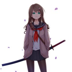 Rule 34 | 1girl, black pantyhose, brown hair, cardigan, curly hair, earrings, frown, green eyes, hair ornament, hairclip, hands in pockets, highres, jewelry, katana, long hair, looking at viewer, meso-meso, open cardigan, open clothes, original, pantyhose, petals, school uniform, sheath, sheathed, solo, standing, sword, weapon, white background
