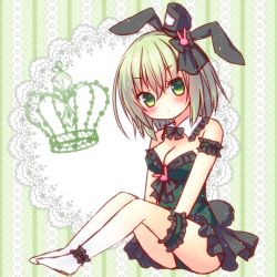 Rule 34 | 1girl, animal ears, ankle cuffs, bad id, bad pixiv id, bare shoulders, barefoot, between legs, black bow, black hat, black leotard, blush, bow, breasts, bridal garter, cleavage, closed mouth, collar, detached collar, doily, frilled collar, frills, ghost tail, green eyes, green hair, hair between eyes, hair bow, hair ornament, hand between legs, hat, head tilt, highres, himetsuki luna, leotard, long hair, looking at viewer, medium breasts, rabbit ears, rabbit hair ornament, sitting, soga no tojiko, solo, strapless, strapless leotard, tate eboshi, touhou, white collar
