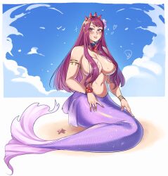 Rule 34 | 1girl, absurdres, armlet, blue choker, blue sky, blush, breasts, choker, cloud, commentary, day, deliciousbrain, english commentary, fire emblem, fire emblem engage, hair censor, highres, ivy (fire emblem), large breasts, looking at viewer, mermaid, mole, mole under mouth, monster girl, navel, nintendo, parted lips, pink lips, purple eyes, purple hair, sitting, sky, solo, stomach, topless