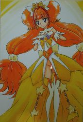 Rule 34 | 1girl, absurdres, amanogawa kirara, ashigaki radar, boots, brown hair, censored, cure twinkle, detached collar, detached sleeves, dress, earrings, gloves, go! princess precure, hair ornament, hairband, hands on own chest, highres, jewelry, long hair, looking down, no panties, pom pom (clothes), pom pom hair ornament, precure, purple eyes, pussy, short sleeves, sleeveless, sleeveless dress, smile, standing, star (symbol), star earrings, thigh boots, thighhighs, twintails, two-tone background, white background, white footwear, white gloves, yellow background, yellow dress