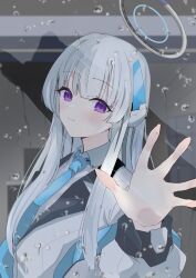 Rule 34 | 1girl, absurdres, against glass, blazer, blue archive, blue necktie, blunt bangs, coat, collared shirt, commentary request, grey hair, halo, headgear, highres, jacket, long hair, long sleeves, looking at viewer, necktie, noa (blue archive), open clothes, open coat, purple eyes, school uniform, shirt, sidelocks, smile, solo, somu (user vmry8728), white coat