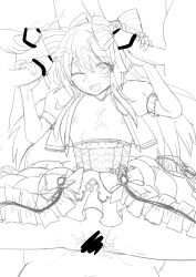 Rule 34 | 1girl, 5boys, censored, chaos marie (grimms notes), collarbone, cowgirl position, cum, cum in mouth, cum on chest, double handjob, dress, flower, frills, gouhourairaku (goohourairaku), grimms notes, group sex, hair ribbon, handjob, highres, long hair, mosaic censoring, multicolored hair, multiple boys, nipples, one eye closed, open clothes, penis, pink background, puffy sleeves, red flower, red rose, ribbon, rose, sex, simple background, sketch, solo focus, straddling, surrounded by penises, unfinished, vaginal, wings