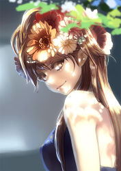 Rule 34 | 1girl, aro (charged time out), bad id, bad pixiv id, bare shoulders, brown eyes, brown hair, dappled sunlight, derivative work, face, flower, hair flower, hair ornament, long hair, looking back, original, photo-referenced, real life, smile, solo, sunlight