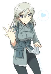 Rule 34 | 1girl, aurora e. juutilainen, black pantyhose, clothes lift, crotch seam, grin, heart, highres, long hair, long sleeves, makaze (t-junction), military, military uniform, pantyhose, purple eyes, shirt lift, silver hair, simple background, smile, solo, speech bubble, spoken heart, strike witches, strike witches: aurora no majo, twitter username, uniform, white background, world witches series
